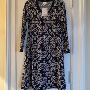 Lularoe Emily dress, XS navy blue and white